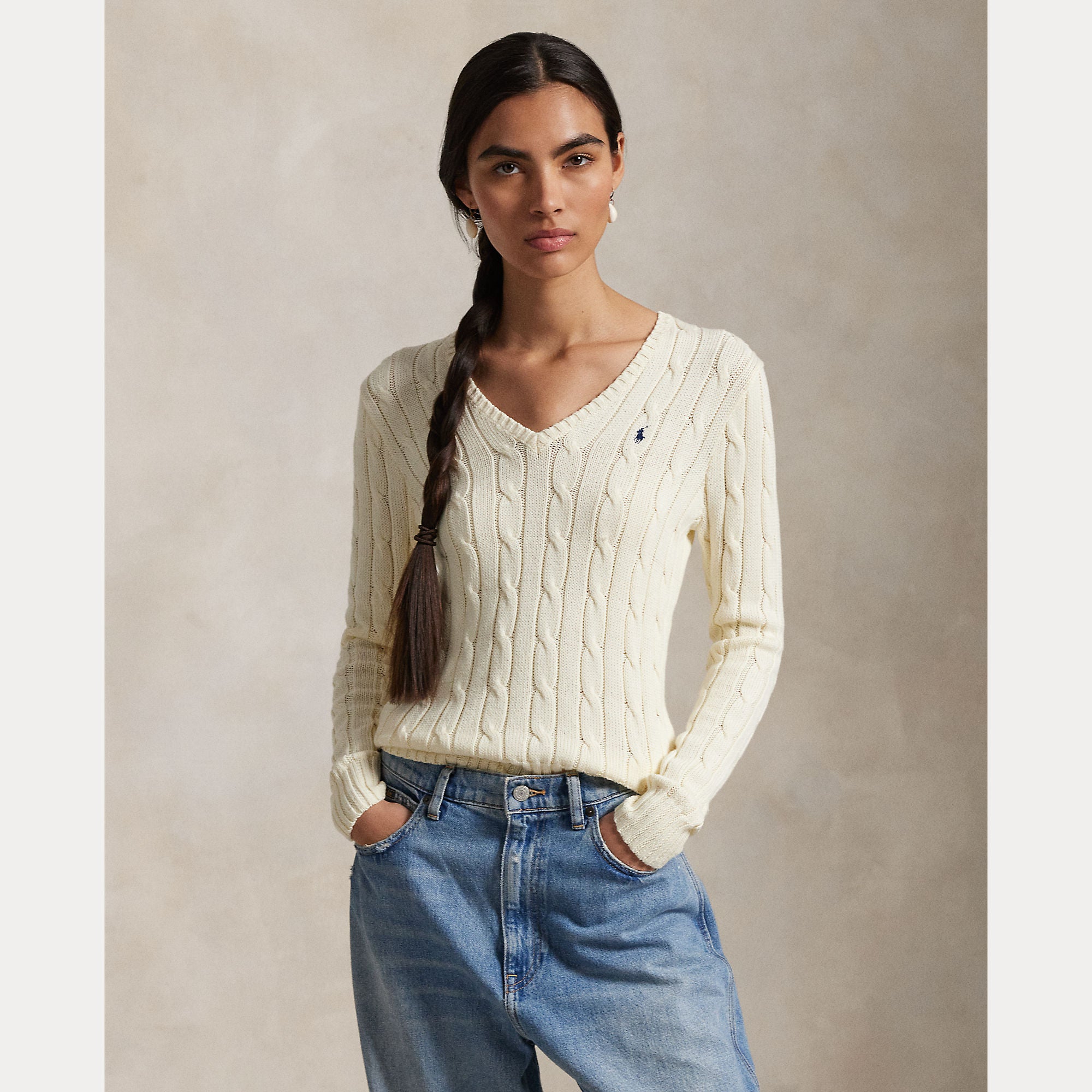 Cable-Knit Cotton V-Neck Sweater - BoUvy