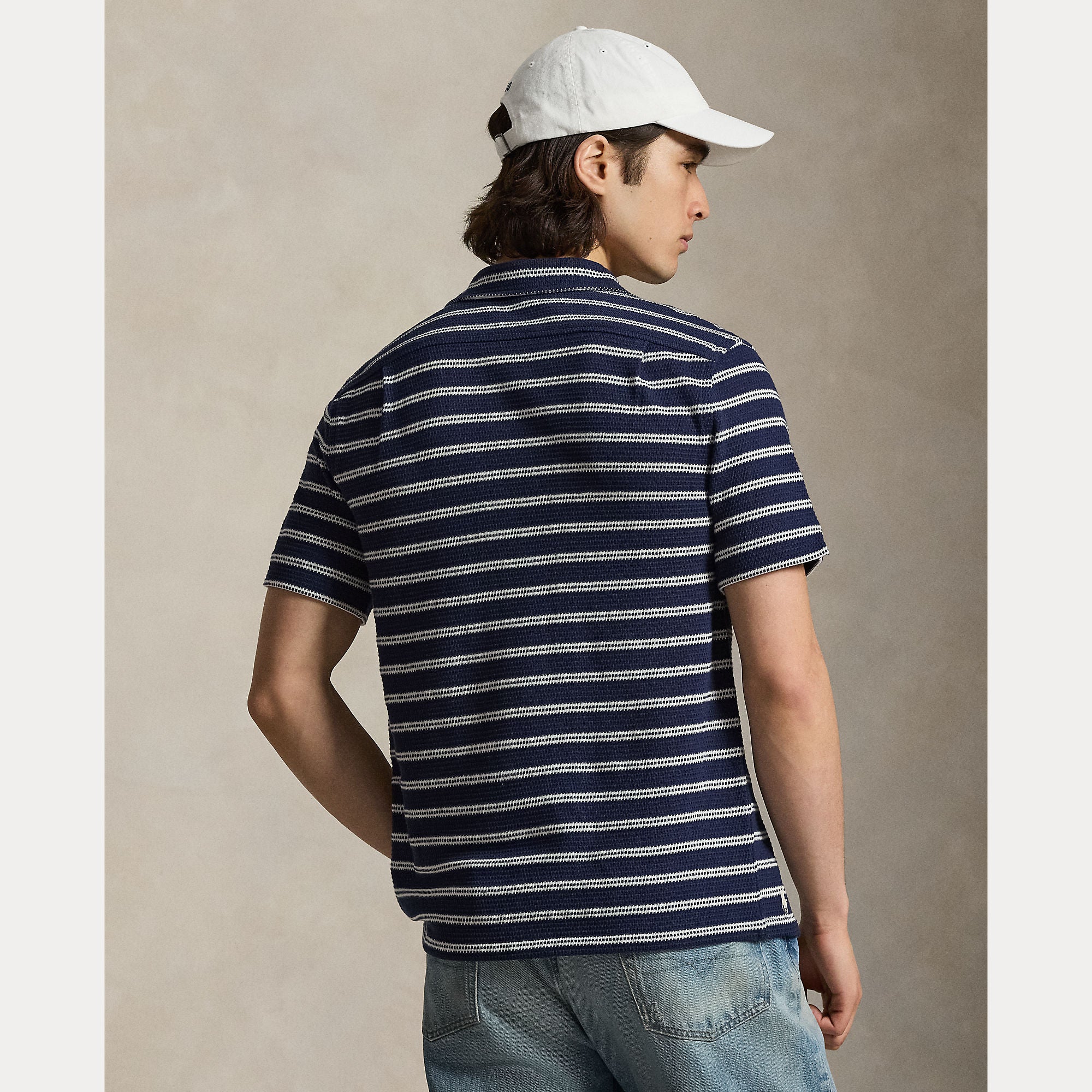 Striped Pointelle-Ribbed Camp Shirt - BoUvy