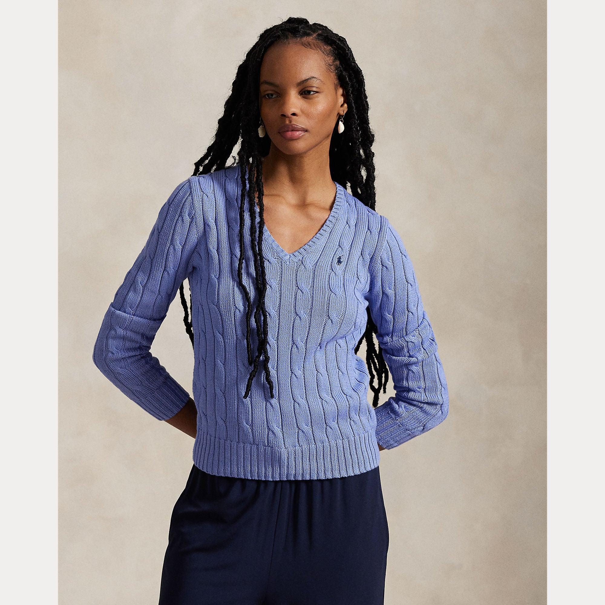 Cable-Knit Cotton V-Neck Sweater - BoUvy