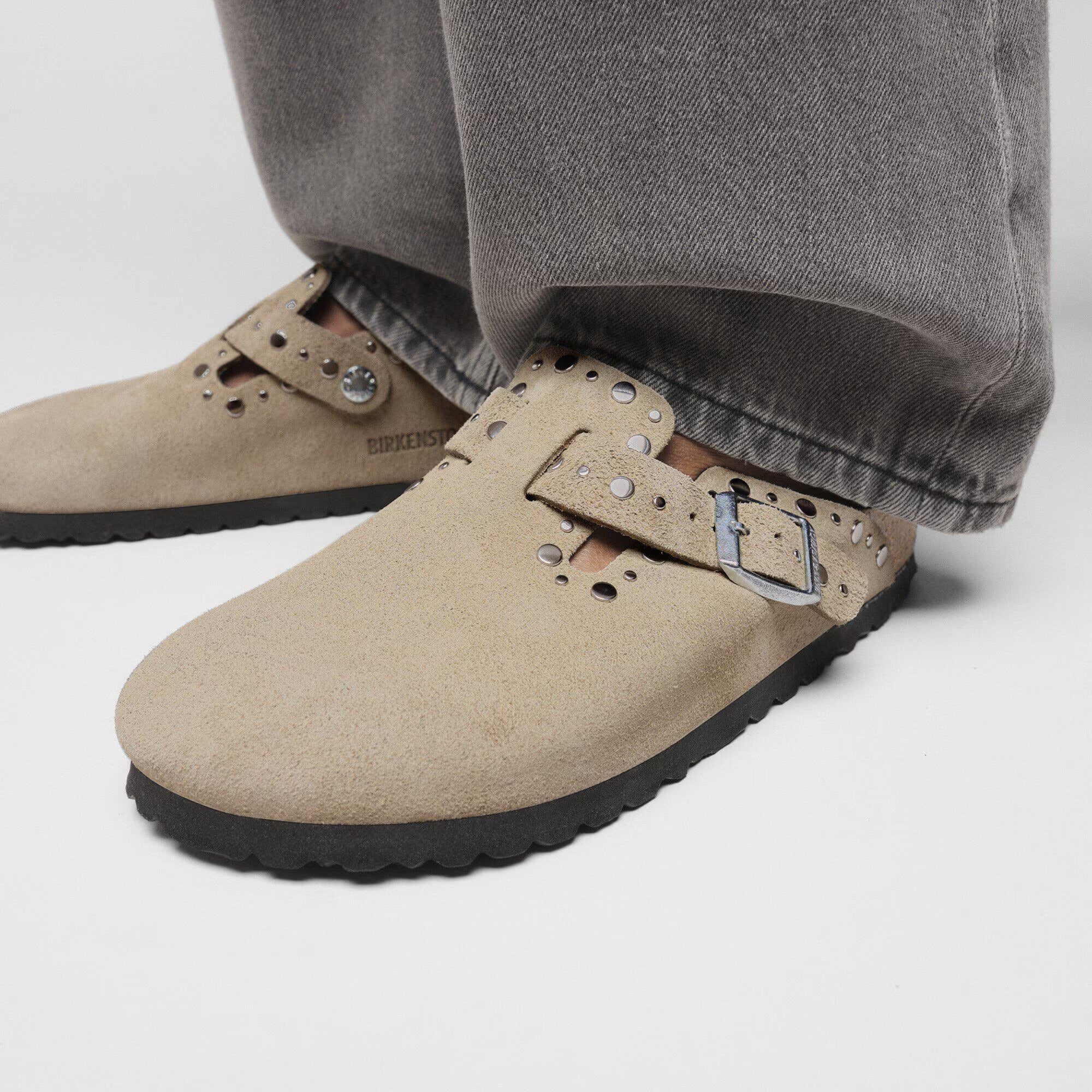 Boston Rivets Suede Leather in Color Taupe | BoUvy