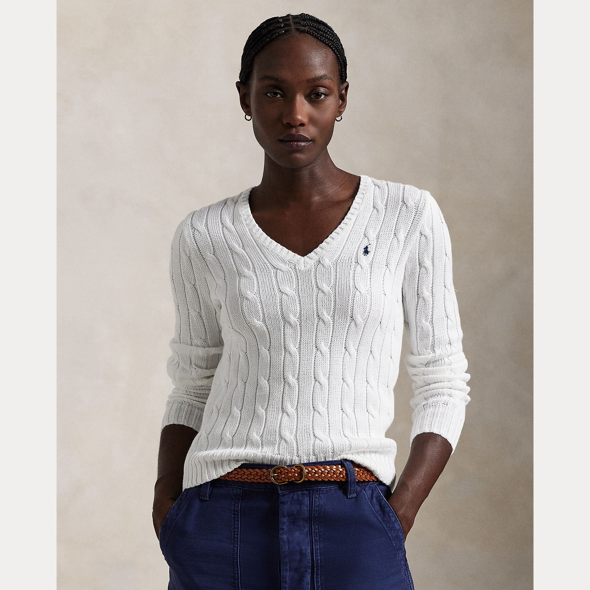 Cable-Knit Cotton V-Neck Sweater - BoUvy