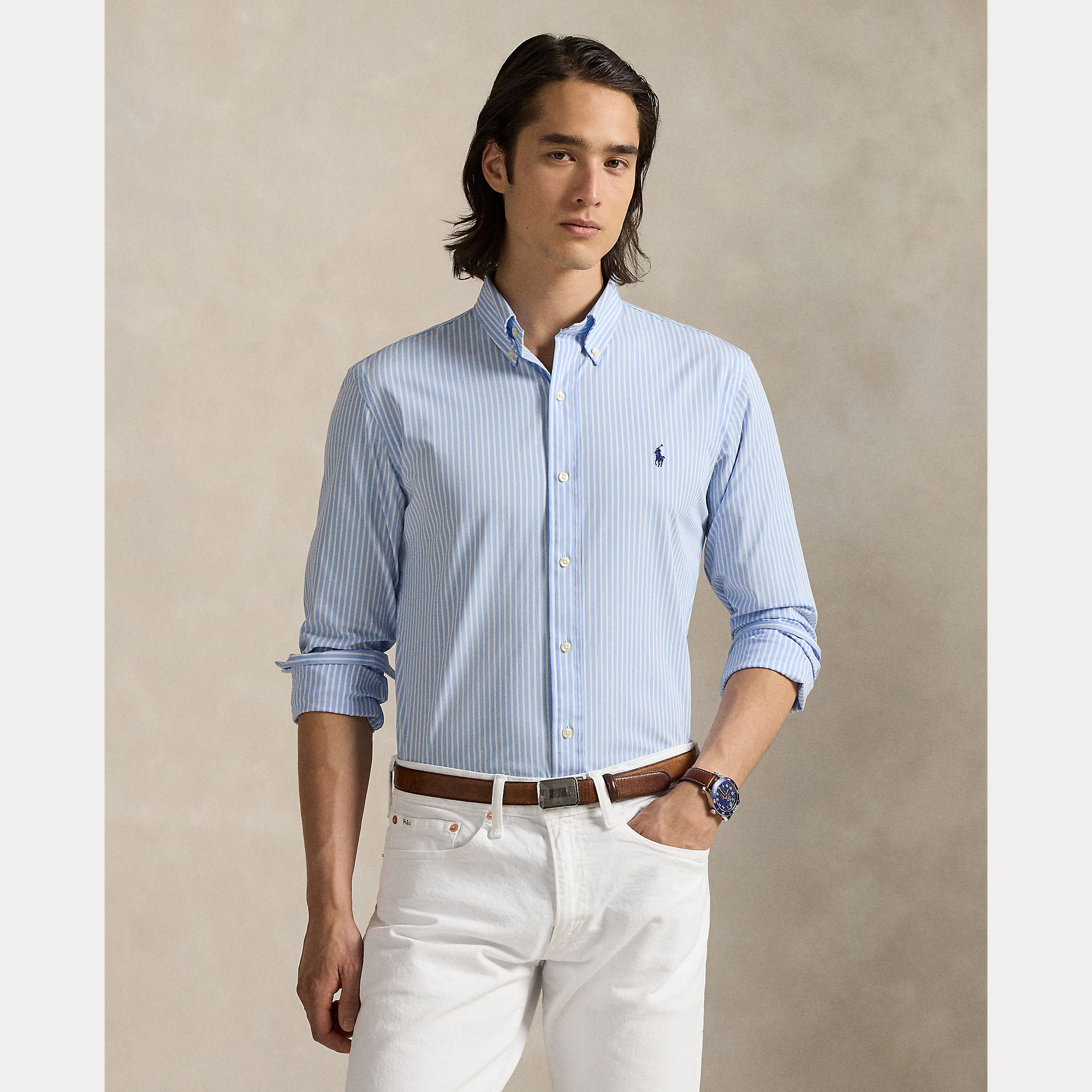 CUSTOM FIT STRIPED STRETCH POPLIN SHIRT - BoUvy