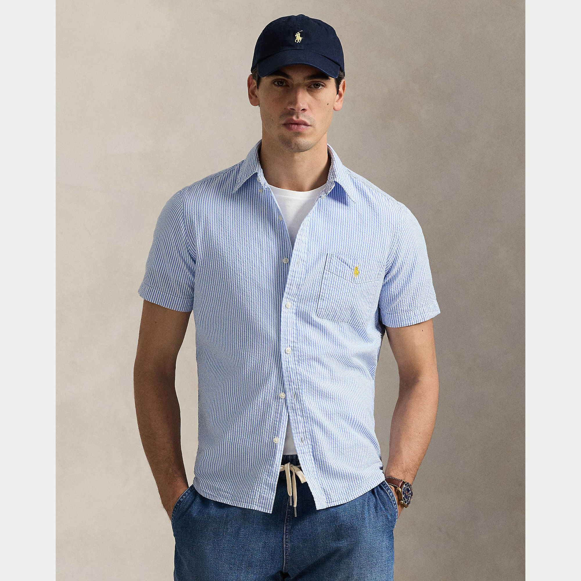 Short-Sleeve Striped Seersucker Shirt - BoUvy