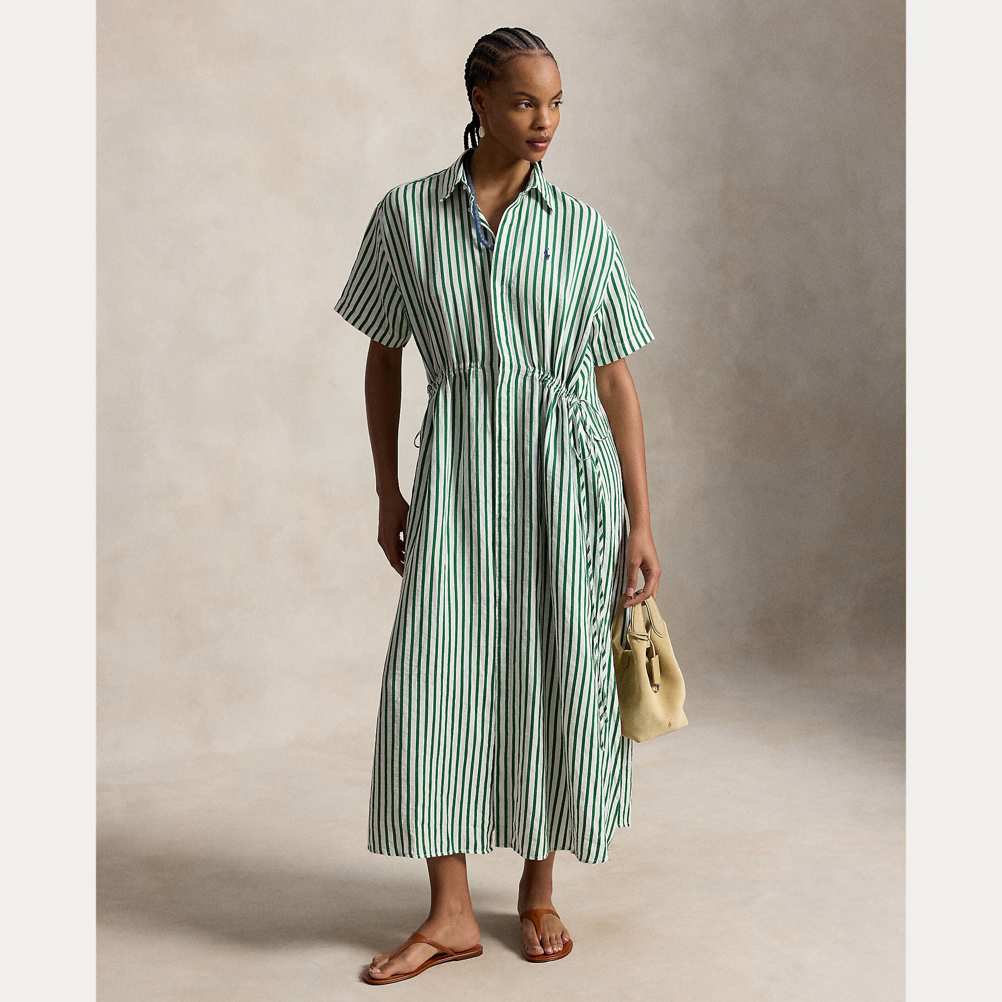 Striped Linen-Cotton Drawcord Shirtdress - BoUvy