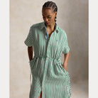 Striped Linen-Cotton Drawcord Shirtdress - BoUvy