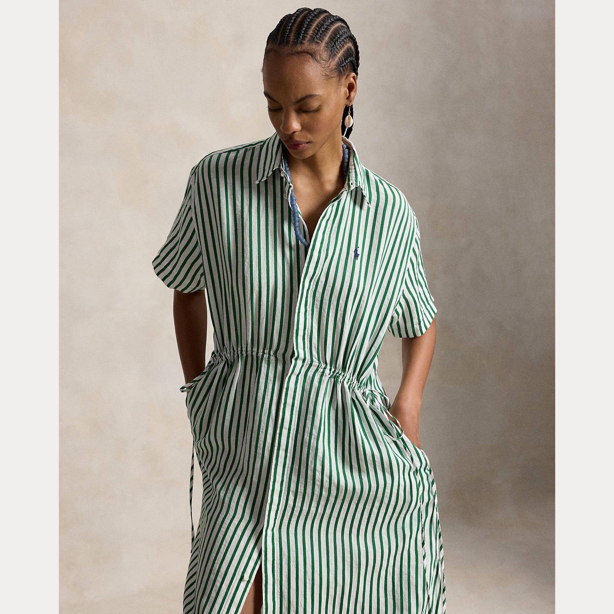 Striped Linen-Cotton Drawcord Shirtdress - BoUvy