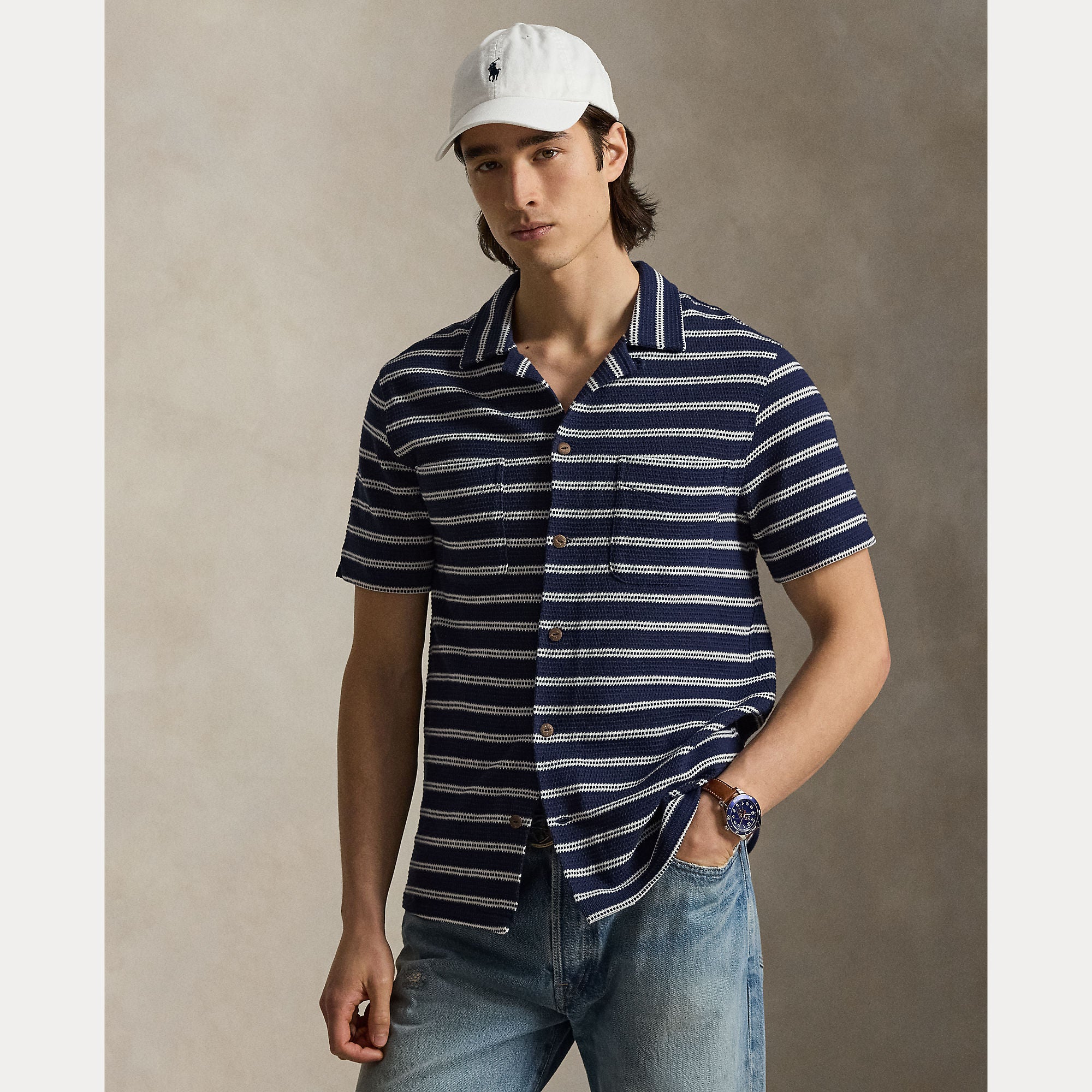 Striped Pointelle-Ribbed Camp Shirt - BoUvy