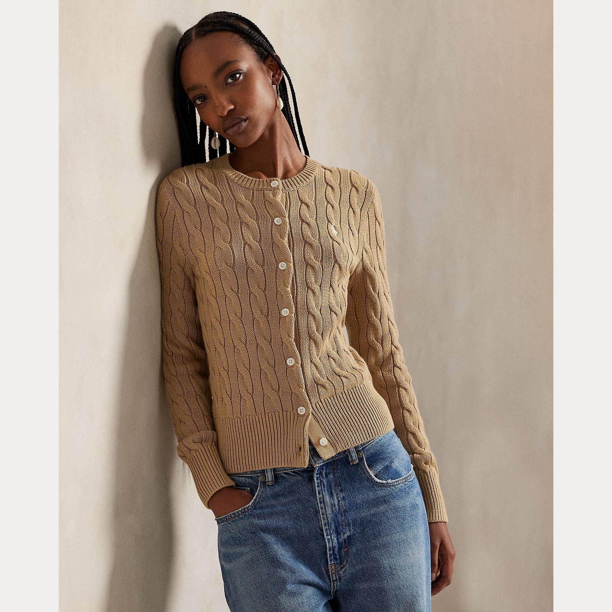 Cable-Knit Cotton Crewneck Cardigan - BoUvy