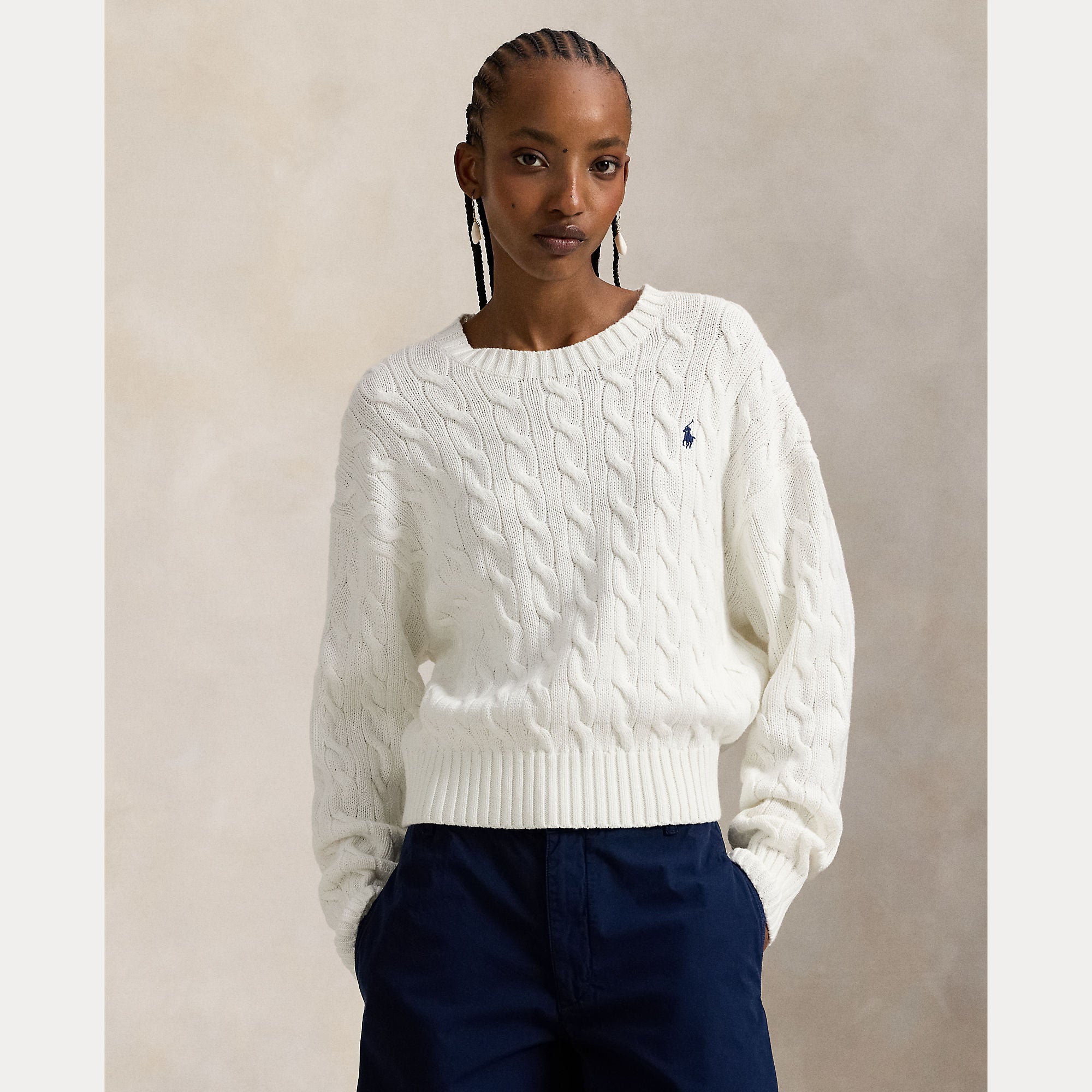Oversize Cable-Knit Cotton Crewneck Sweater - BoUvy