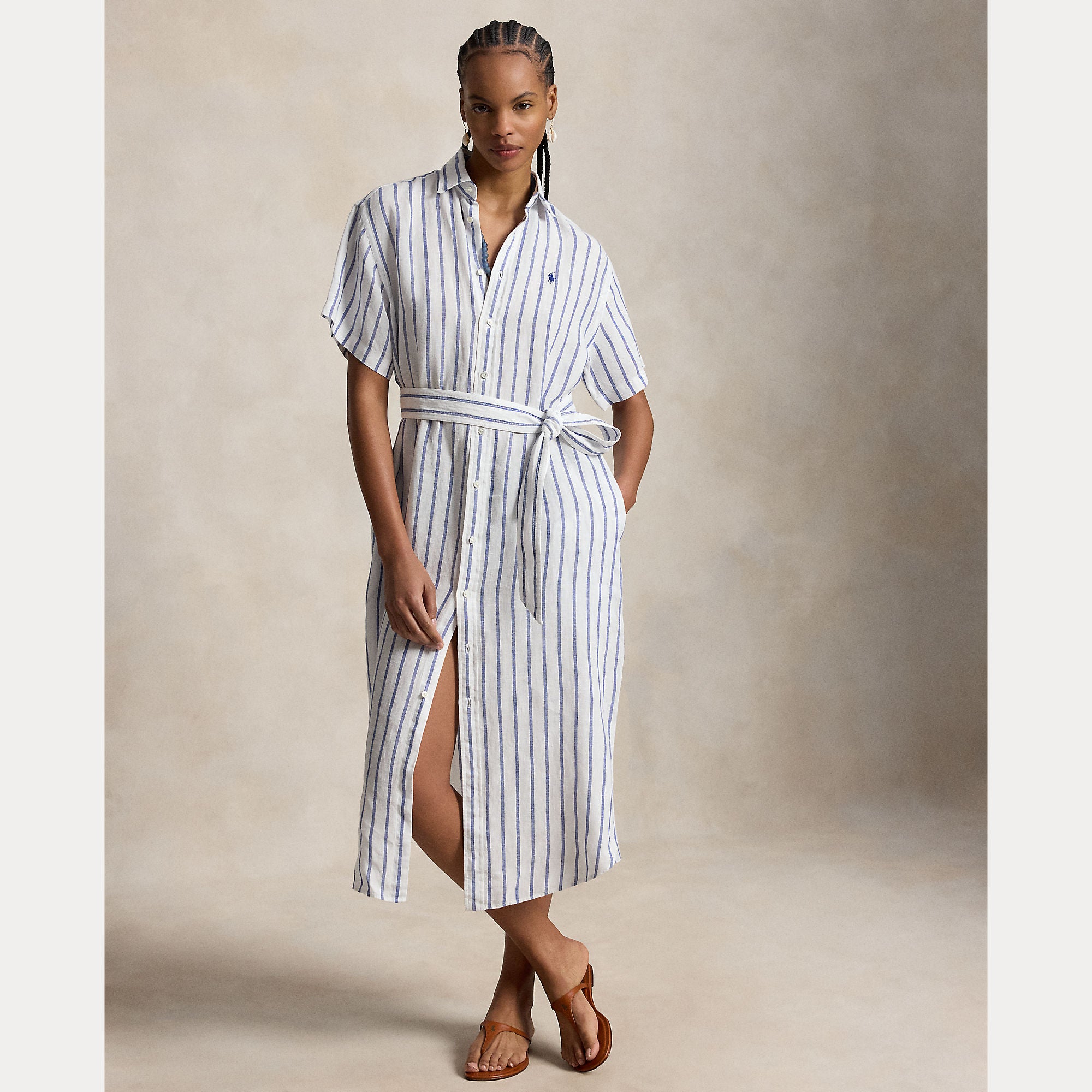 Striped Linen Short-Sleeve Shirtdress - BoUvy