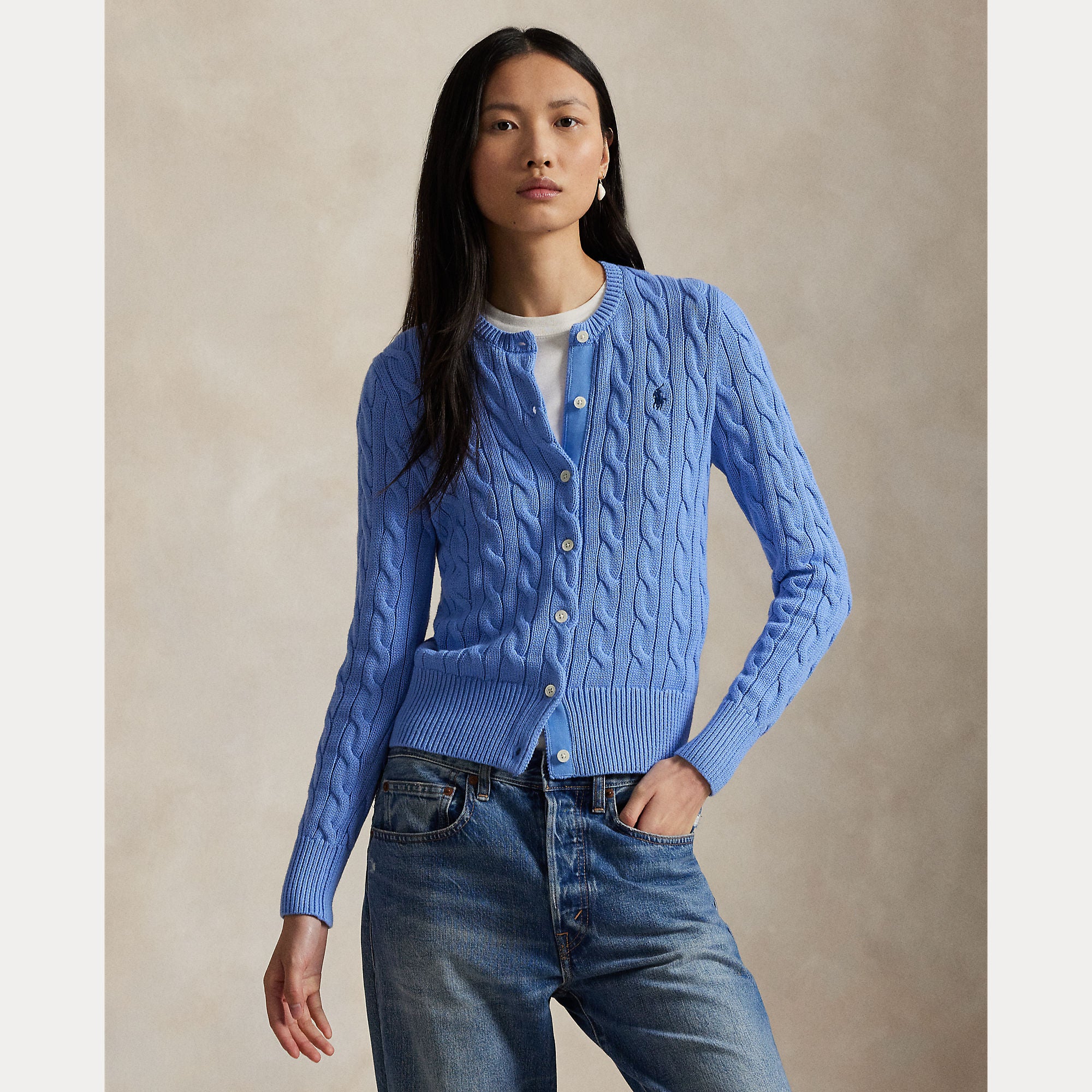 Cable-Knit Cotton Crewneck Cardigan - BoUvy