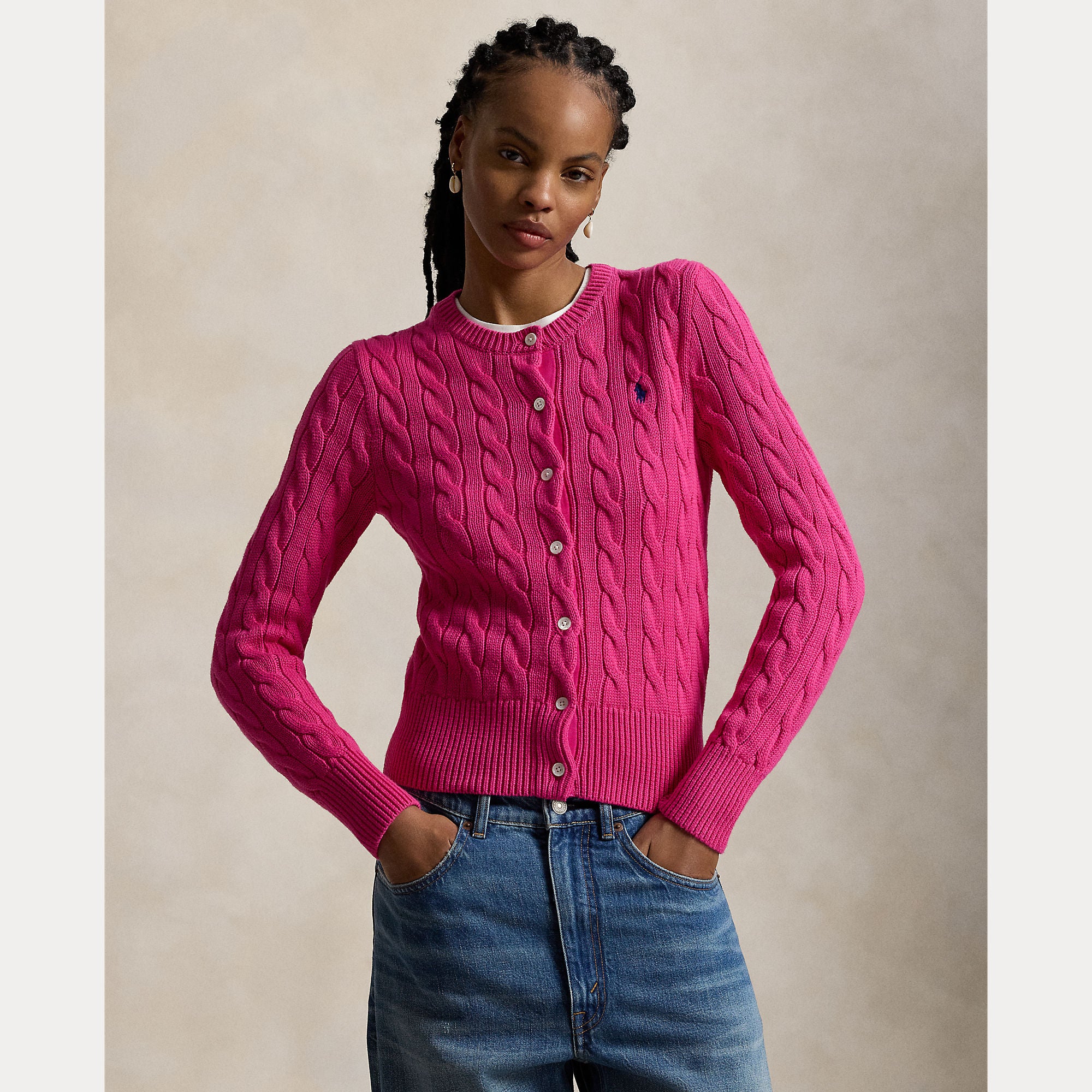 Cable-Knit Cotton Crewneck Cardigan - BoUvy