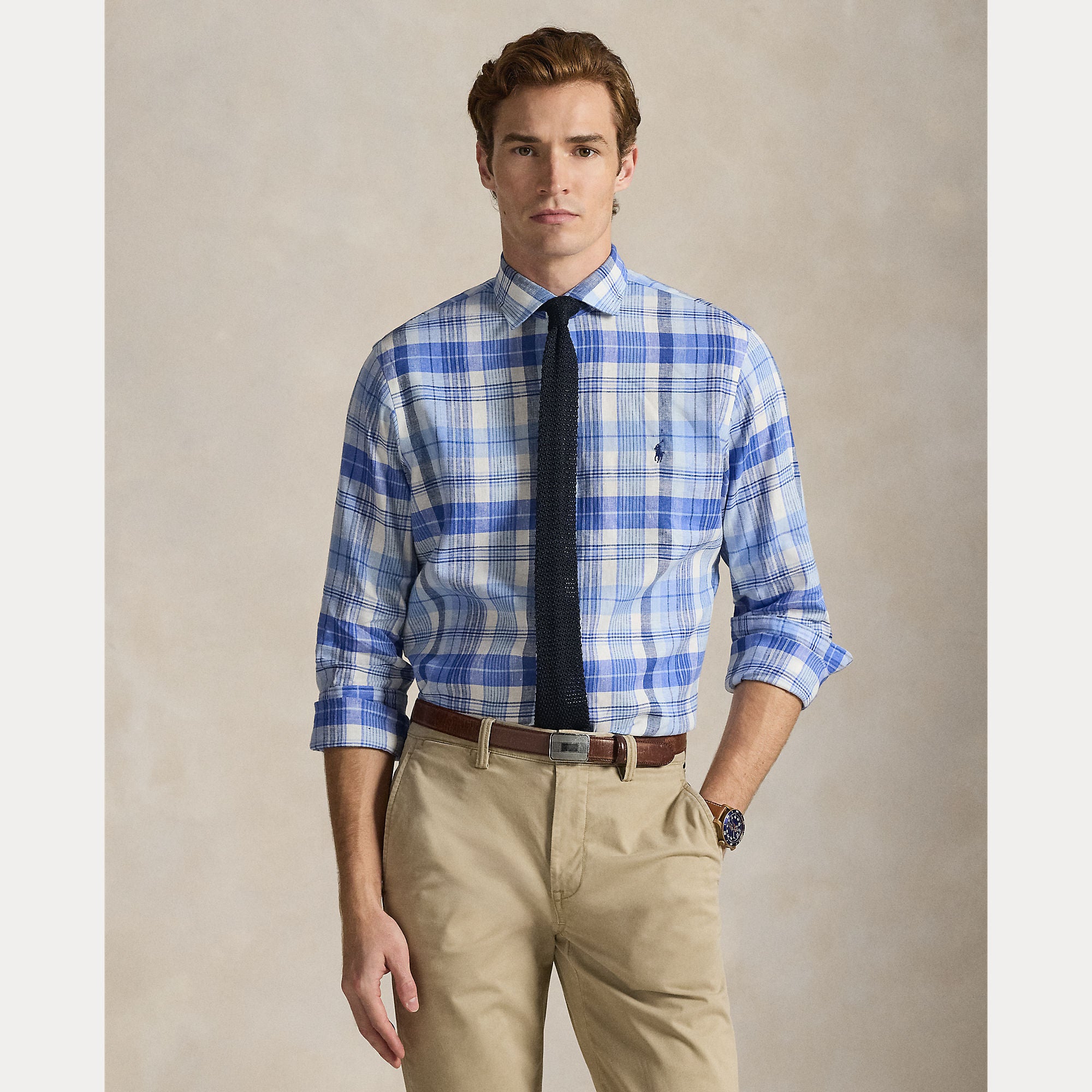 Custom Fit Plaid Linen-Blend Shirt - BoUvy