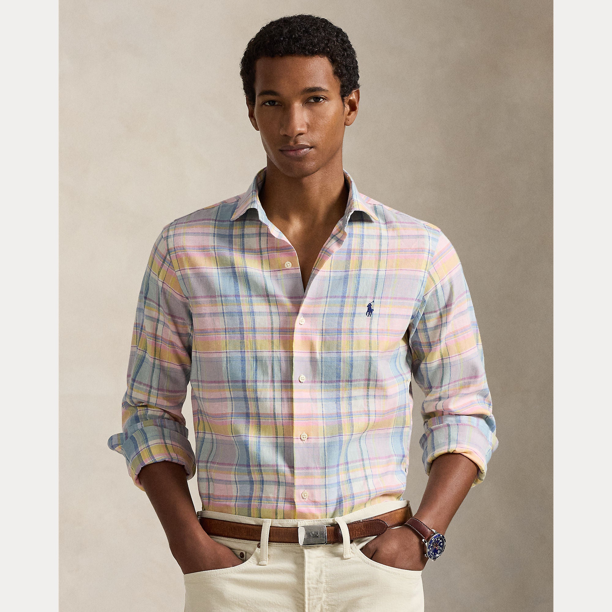 Custom Fit Plaid Linen-Blend Shirt - BoUvy
