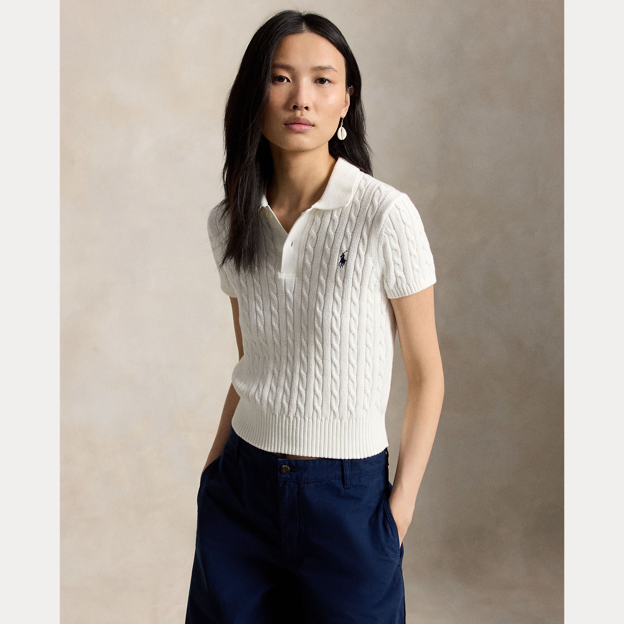 Cable-Knit Cotton Cropped Polo Shirt - BoUvy
