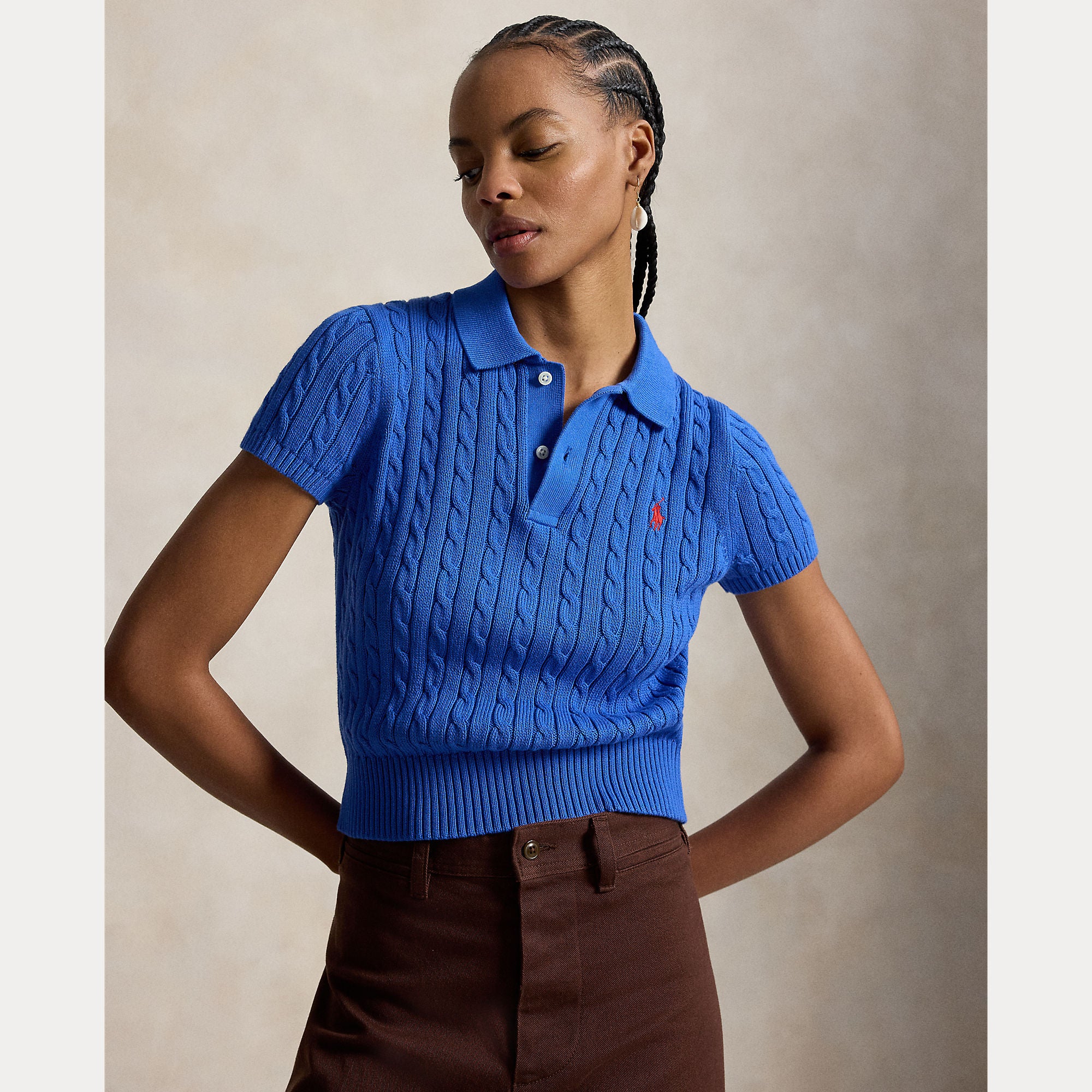 Cable-Knit Cotton Cropped Polo Shirt - BoUvy